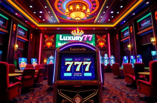 Main focus on luxury777 game slot machine in a vibrant and luxurious casino atmosphere.