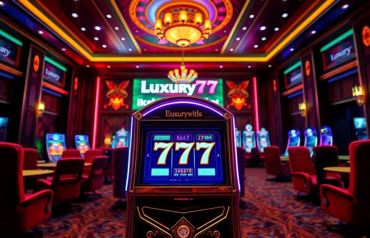 Main focus on luxury777 game slot machine in a vibrant and luxurious casino atmosphere.