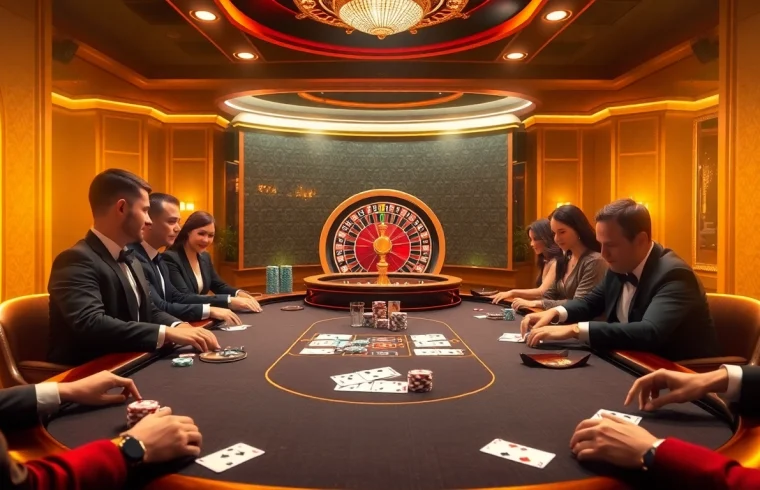 Experience the excitement of gambling at nhà cái mm88 with vibrant poker action at a luxury casino table.