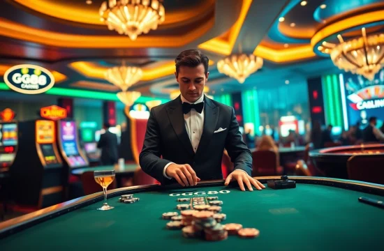 Betting at the luxurious GG88 casino table with vibrant slot machines and a professional dealer.