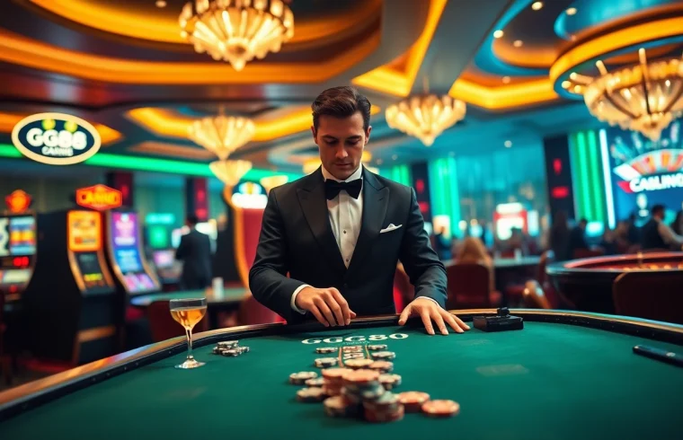 Betting at the luxurious GG88 casino table with vibrant slot machines and a professional dealer.