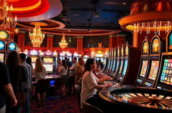 Engaged gamblers playing vibrant 슬롯사이트 slot machines in a luxury casino atmosphere.