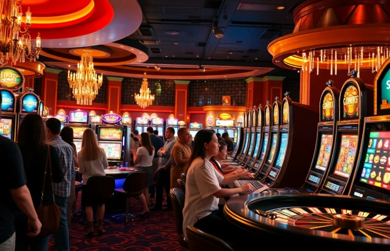 Engaged gamblers playing vibrant 슬롯사이트 slot machines in a luxury casino atmosphere.
