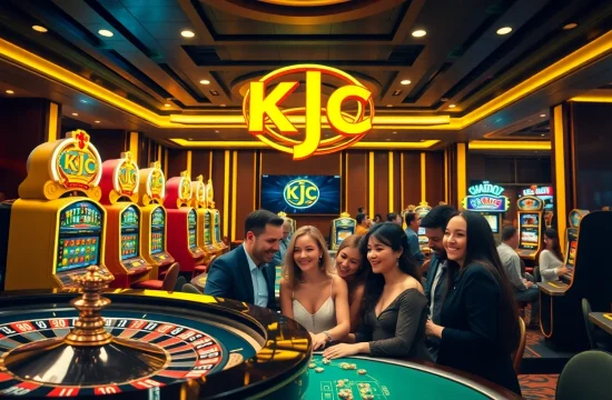 KJC-enhanced casino scene showcasing players engaging with vibrant slot machines and a roulette wheel.