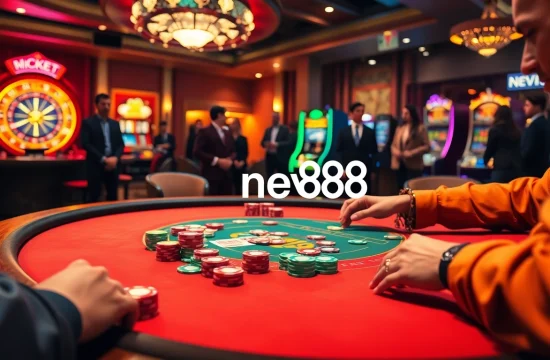 Engaging scene of a high-stakes poker table at new888 casino, showcasing excitement with chips and cards.