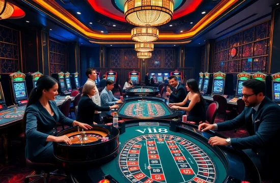 Engaged players at đại lý C168 casino table, showcasing vibrant atmosphere and luxury.