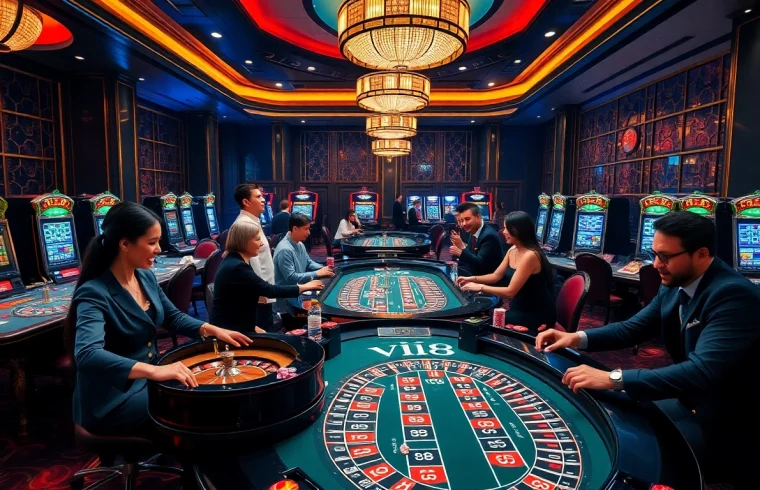 Engaged players at đại lý C168 casino table, showcasing vibrant atmosphere and luxury.