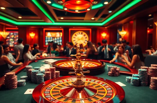 An exciting scene at Trang chủ GK88 featuring players at a luxurious casino table with poker chips and a roulette wheel.