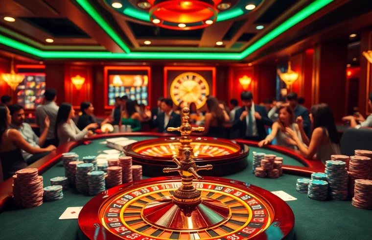 An exciting scene at Trang chủ GK88 featuring players at a luxurious casino table with poker chips and a roulette wheel.