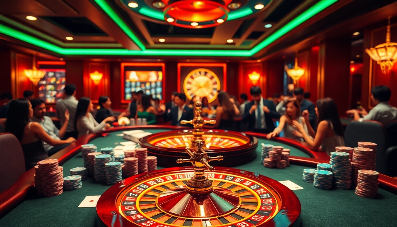 An exciting scene at Trang chủ GK88 featuring players at a luxurious casino table with poker chips and a roulette wheel.