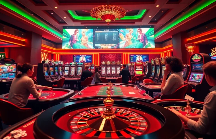 Gamblers experiencing thrilling moments at XX88.AI's vibrant online casino with poker and slot features.