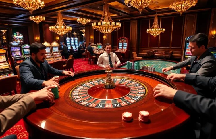 The excitement of seamless gambling at a roulette table in a luxurious casino featuring lively players amid a vibrant 링크모음 atmosphere.