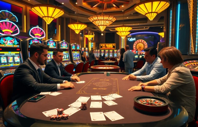 Thabet poker players strategizing at a luxurious Texas Hold'em table in a vibrant casino.