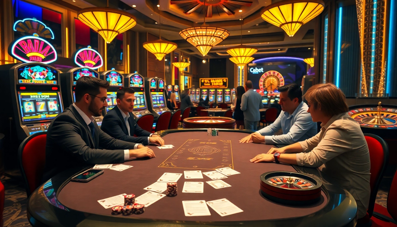 Thabet poker players strategizing at a luxurious Texas Hold'em table in a vibrant casino.