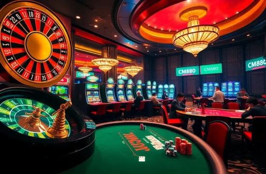 Exciting scene of gamblers at CM88 casino tables with roulette, poker, and slot machines.