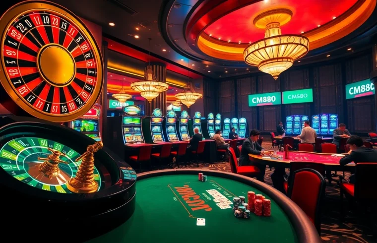 Exciting scene of gamblers at CM88 casino tables with roulette, poker, and slot machines.