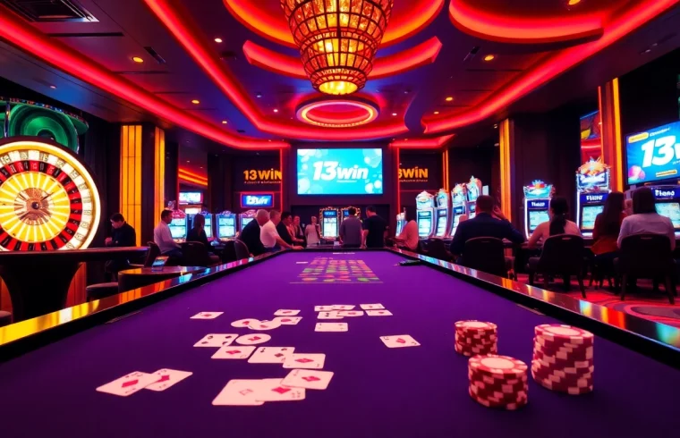 Experience the thrill of 13Win with an exciting gaming setup showcasing poker chips, cards, and a roulette wheel.