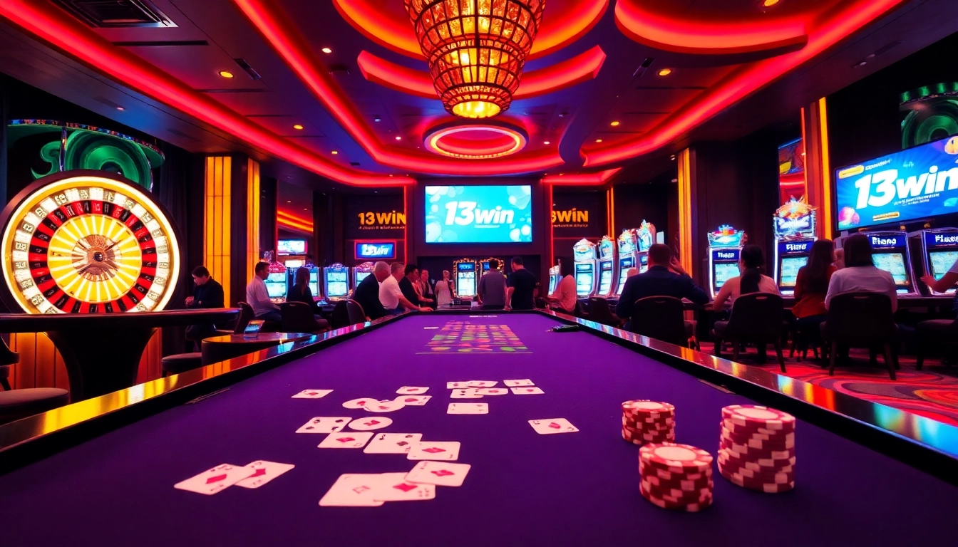 Experience the thrill of 13Win with an exciting gaming setup showcasing poker chips, cards, and a roulette wheel.