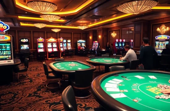 Experience luxury gaming with mm88, featuring poker tables, slot machines, and vibrant casino atmosphere.