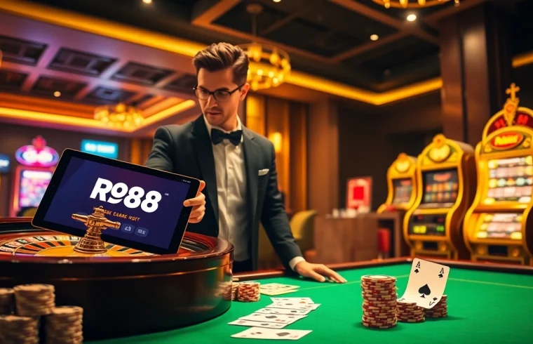 Engaging player strategizing in the RR88 Game with poker cards and a roulette wheel.