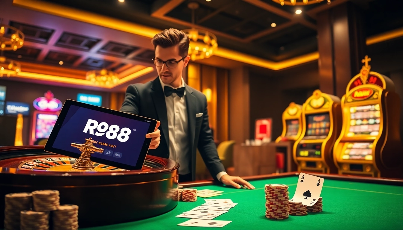 Engaging player strategizing in the RR88 Game with poker cards and a roulette wheel.