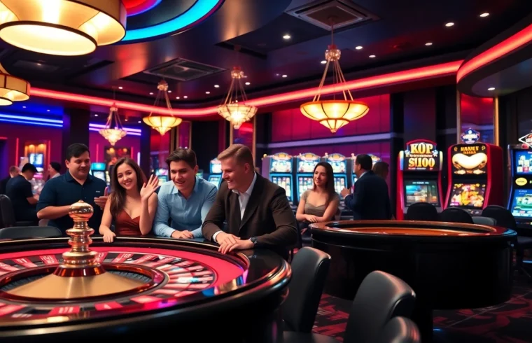 KJC Global poker players enjoying a thrilling casino experience with vibrant lighting and elegant decor.