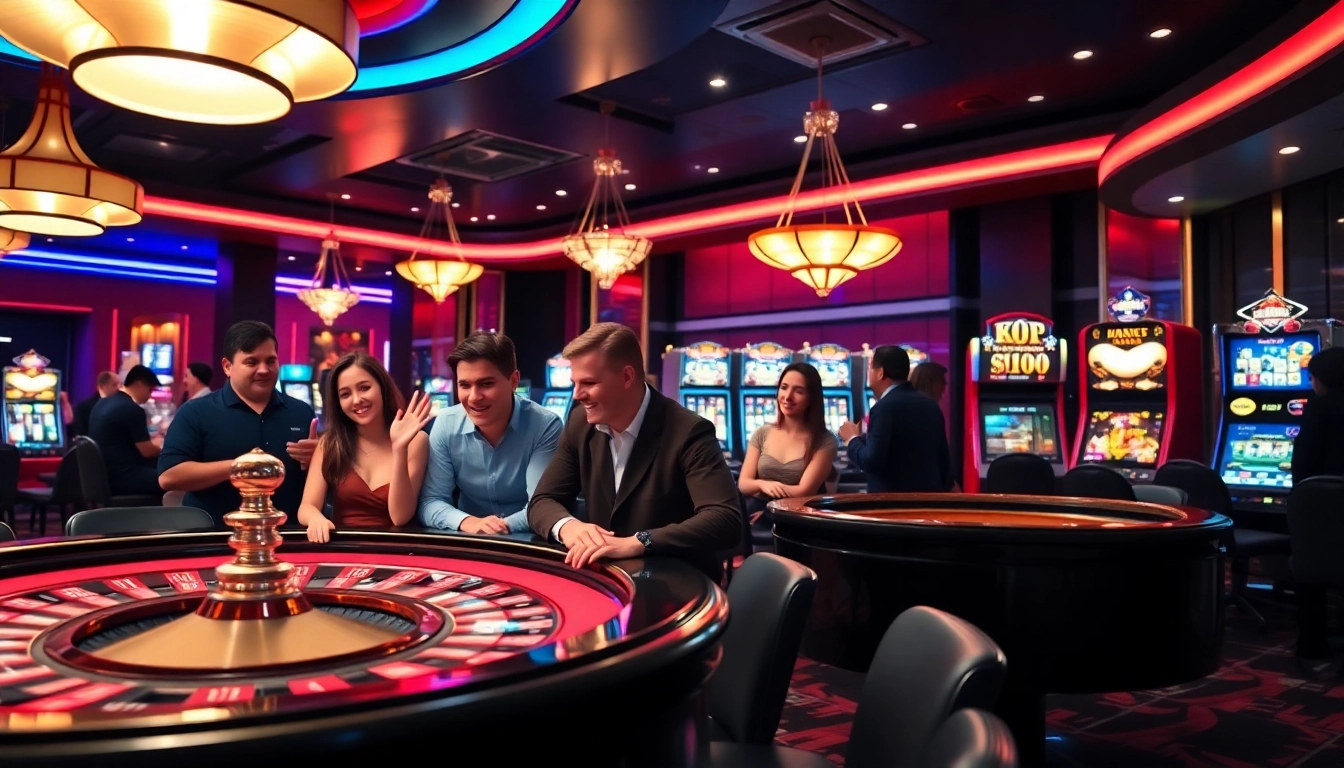 KJC Global poker players enjoying a thrilling casino experience with vibrant lighting and elegant decor.