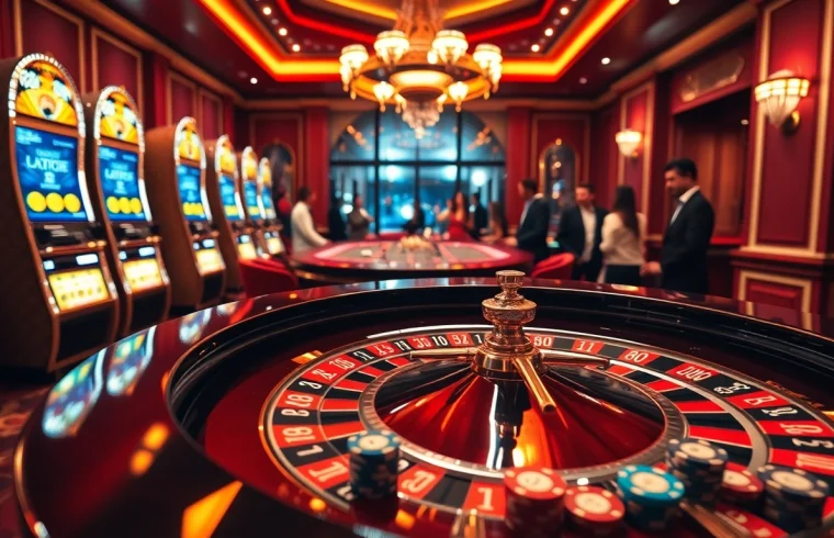 Experience the thrilling atmosphere of https://669bett.com.br/ with players enjoying roulette and vibrant slot machines.
