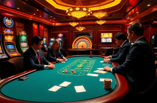 Experience the thrill of gambling at https://kuwinblog.com/ with a vibrant poker table and slot machines.