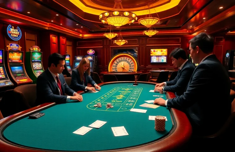 Experience the thrill of gambling at https://kuwinblog.com/ with a vibrant poker table and slot machines.