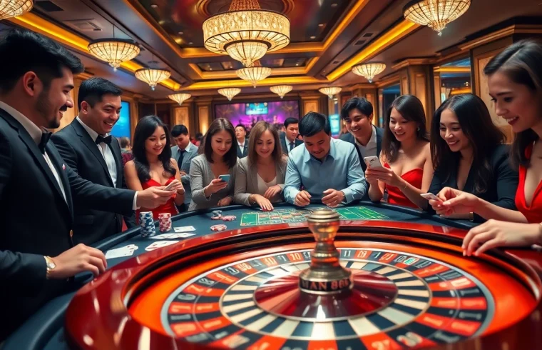 Experience the thrill of Man88 gaming with a luxurious casino scene featuring roulette and poker.
