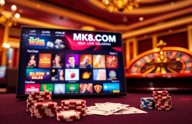 Experience the thrill of betting at MK8.COM with vibrant casino visuals featuring poker chips and cards.