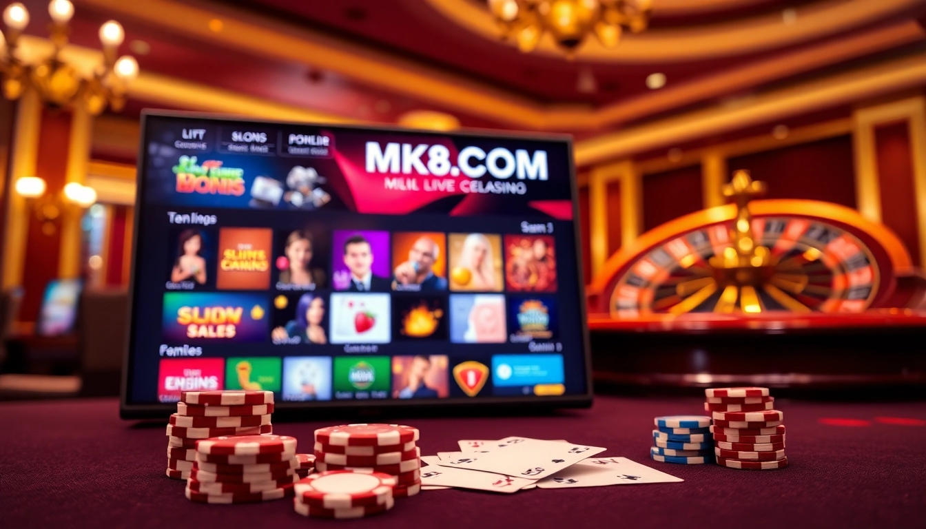 Experience the thrill of betting at MK8.COM with vibrant casino visuals featuring poker chips and cards.