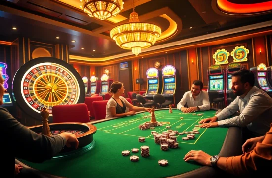 Experience the thrilling 555 win with players celebrating at a luxurious casino.