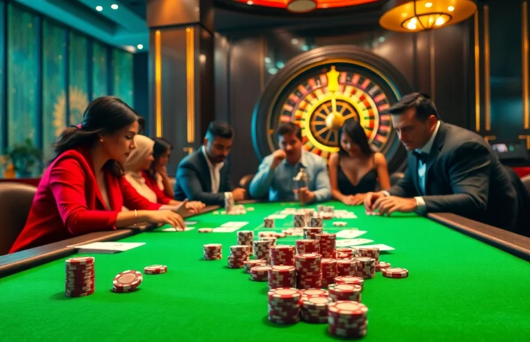 Excited gamblers at a luxurious casino table featuring 88i poker chips and cards.