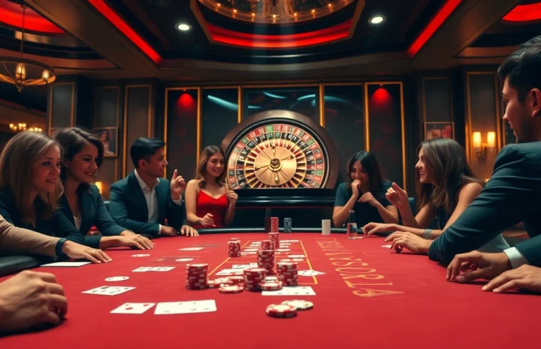 Excited players at a casino table showcasing the thrill of gambling with 789p gaming platform elements.
