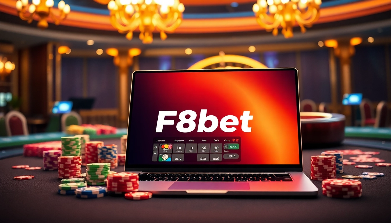 Experience high-stakes gambling with F8bet's vibrant online interface featuring poker chips and tables.