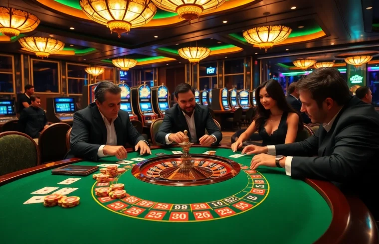 Engage in high-stakes gameplay at 79king's luxurious casino, featuring vibrant tables and intense players.