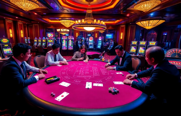 Players engaged in an intense poker game at situs apiraja88's luxurious casino.