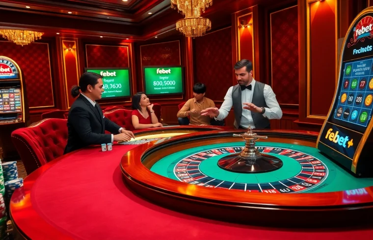 Febet players enjoying a thrilling roulette game at a luxurious casino table.