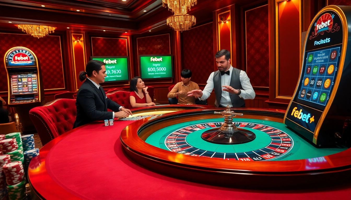 Febet players enjoying a thrilling roulette game at a luxurious casino table.