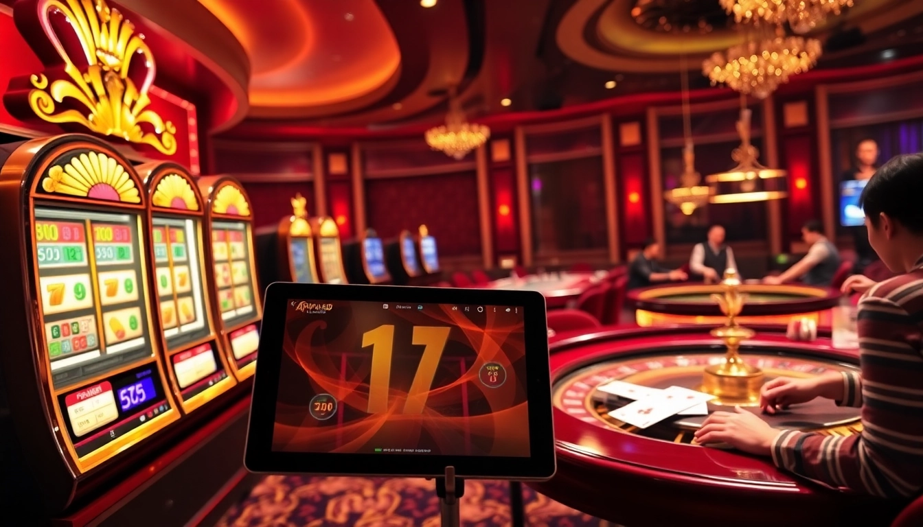 Exciting gameplay at situs apiraja88 with vibrant slot machines and poker tables.