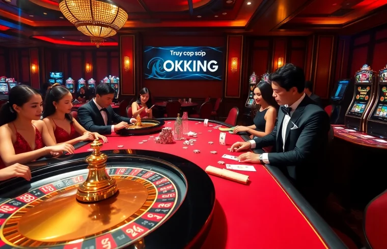 Experience the thrill of gambling through "Truy cập OKKING" showcasing players at a luxurious casino table.