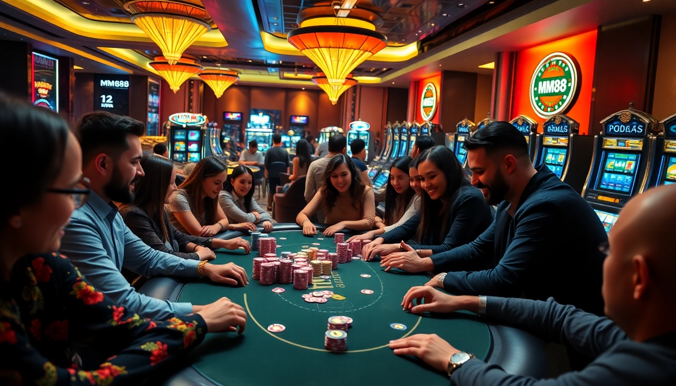 Players engaging enthusiastically at MM88 poker table with vibrant chips and modern slot machines.