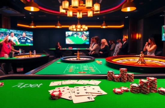 Betting excitement at 7upbet with poker chips and shipping cards on a vibrant table.