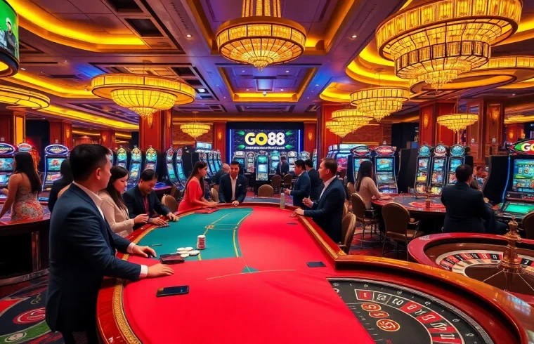 Experience the excitement of gambling at GO 88 Clup with vibrant casino tables and players.