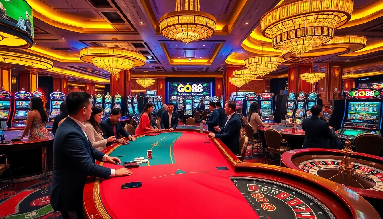 Experience the excitement of gambling at GO 88 Clup with vibrant casino tables and players.
