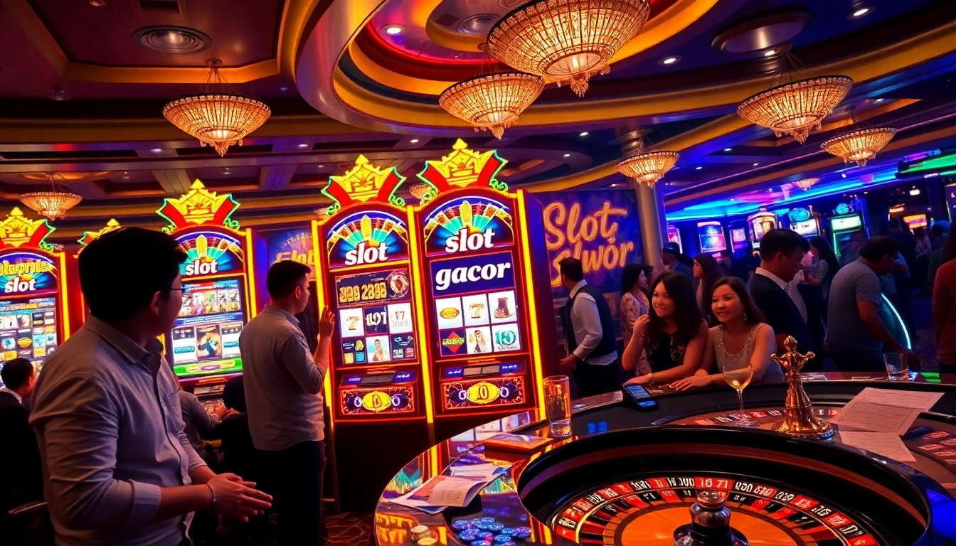 Engaging gamblers enjoying slot gacor in a vibrant casino atmosphere with colorful lights.