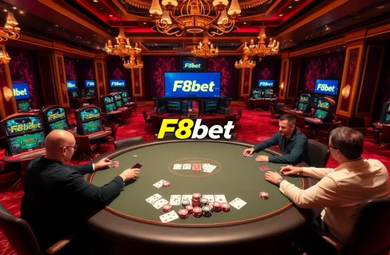 F8bet players strategizing in a high-stakes poker game amidst luxurious casino decor.