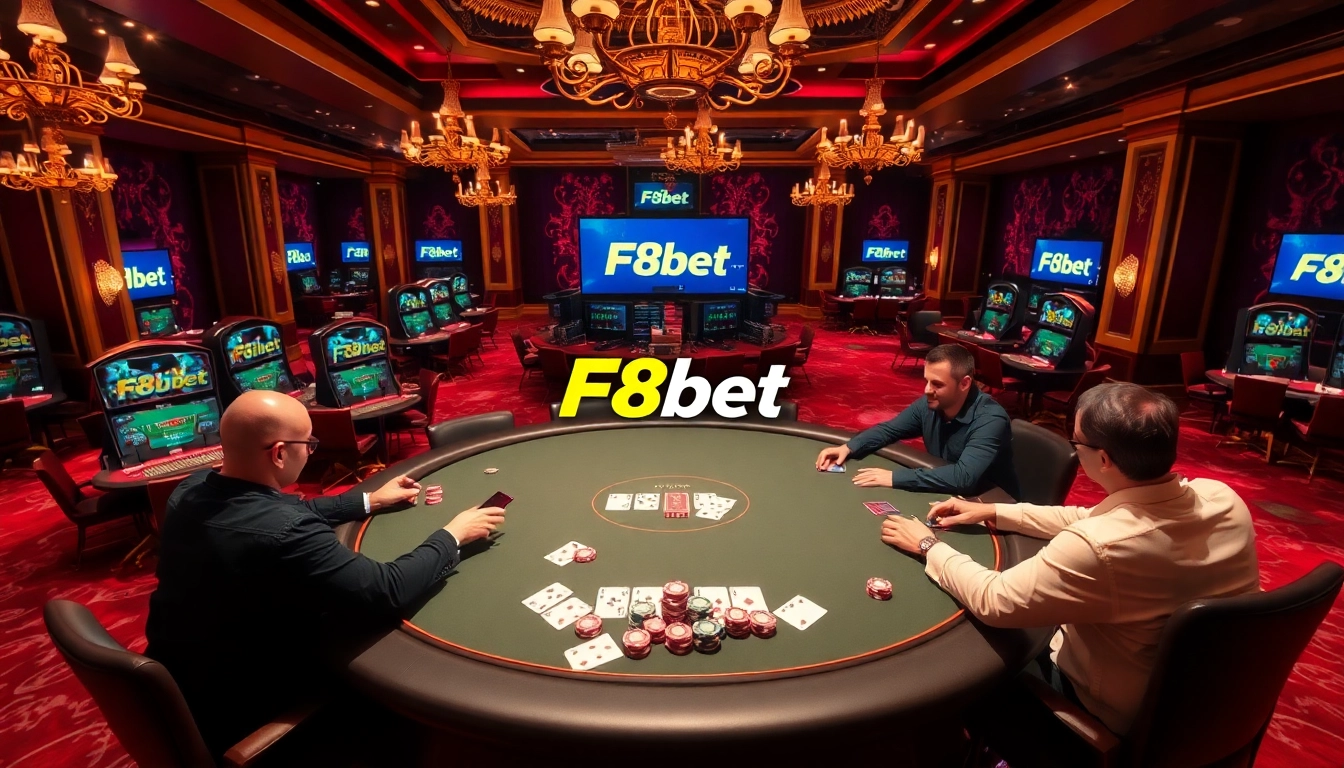 F8bet players strategizing in a high-stakes poker game amidst luxurious casino decor.